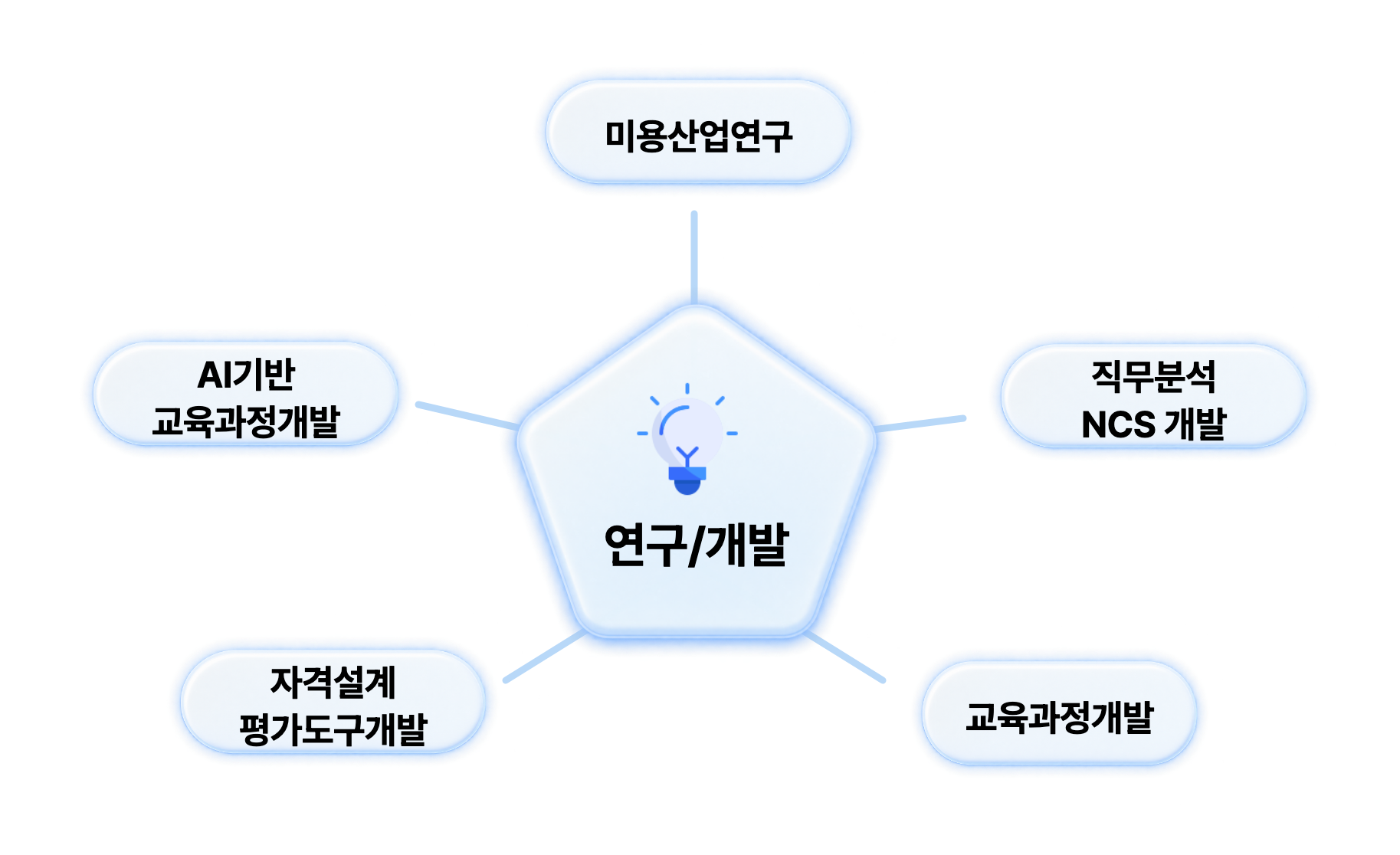 가운데 오각형에 연구와 개발이 있고, 그 둘레에 미용산업연구, 직무분석 NCS 개발, 교육과정개발, 자격설계 평가도구개발, AI기반 교육과정개발 다섯 영역이 놓인 연구 영역 도식